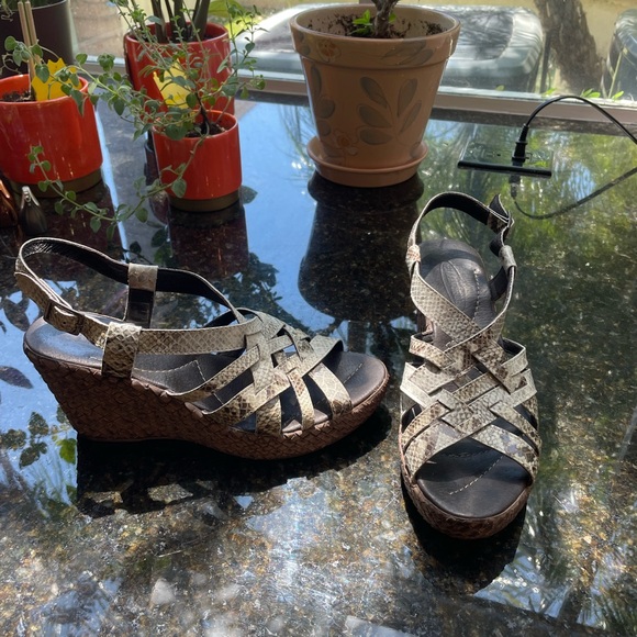 Snakeskin Print Leather Wedges